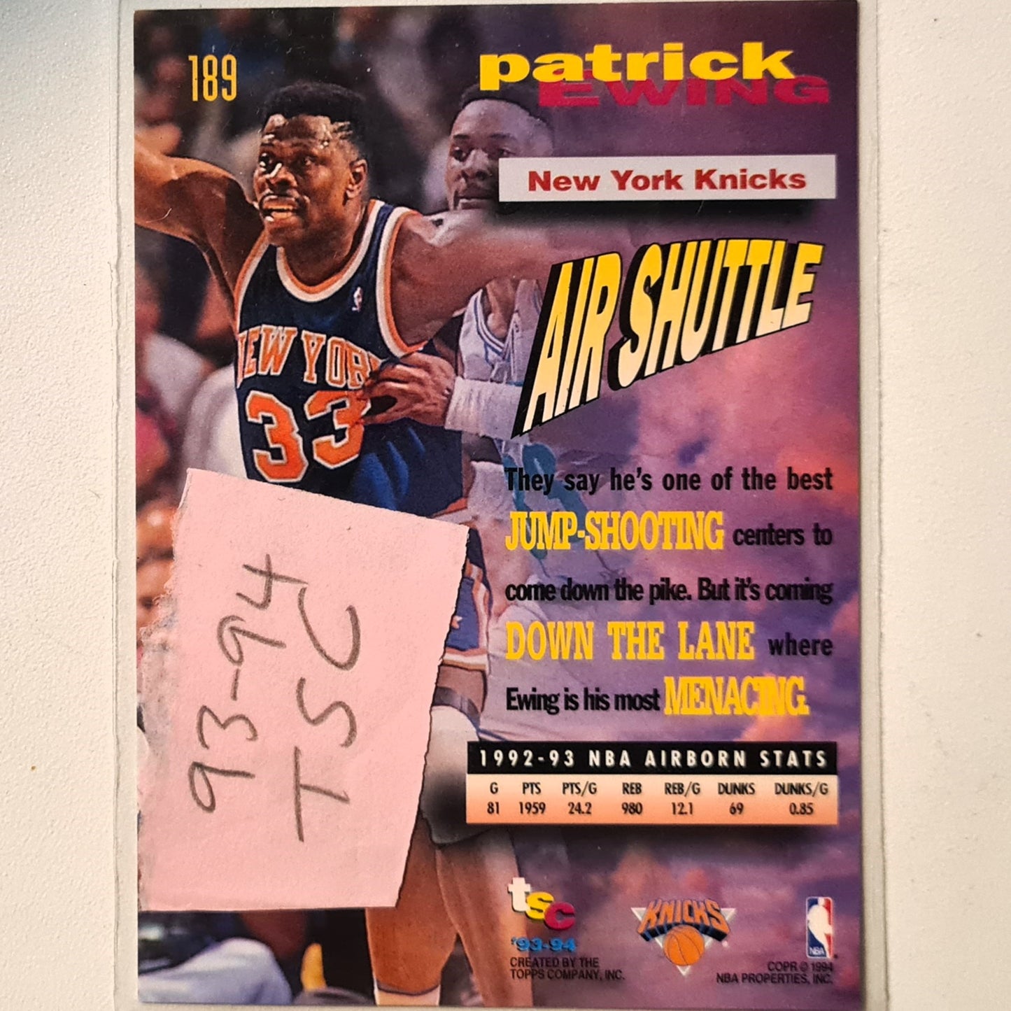 Patrick Ewing 1993 Topps Stadium Club frequent Flyers #189 NBA Basketball New York Knicks Excellent sleeved