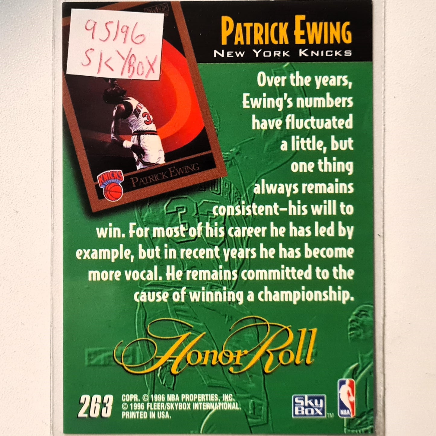 Patrick Ewing 1996 Skybox Honor Roll #263 Basketball New York Knicks very good Excellent sleeved