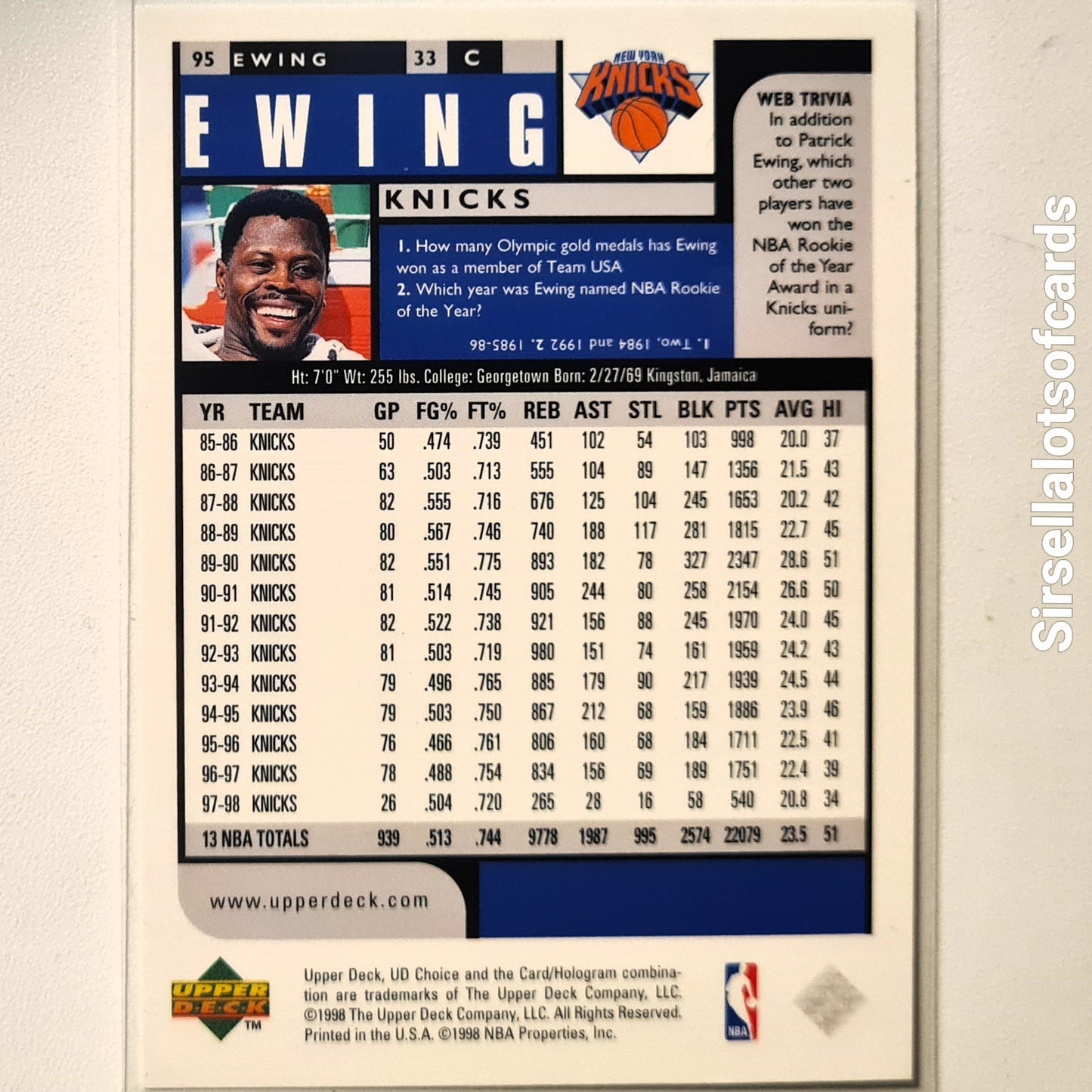 Patrick Ewing 1998 Upper-Deck collectors choice #95 NBA Basketball New York Knicks Excellent sleeved