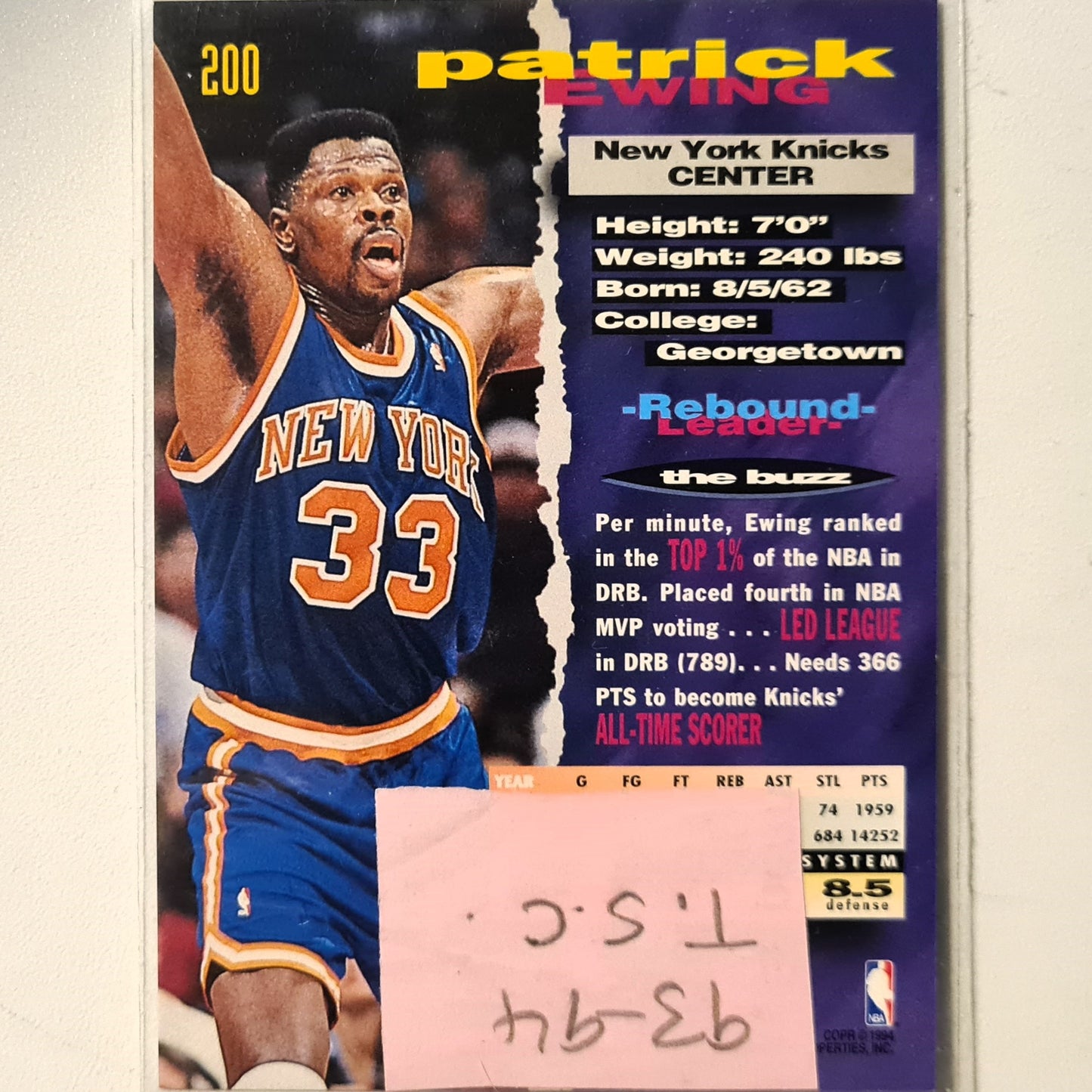 Patrick Ewing 1994 Topps Stadium Club #200 NBA Basketball New York Knicks Excellent Sleeved