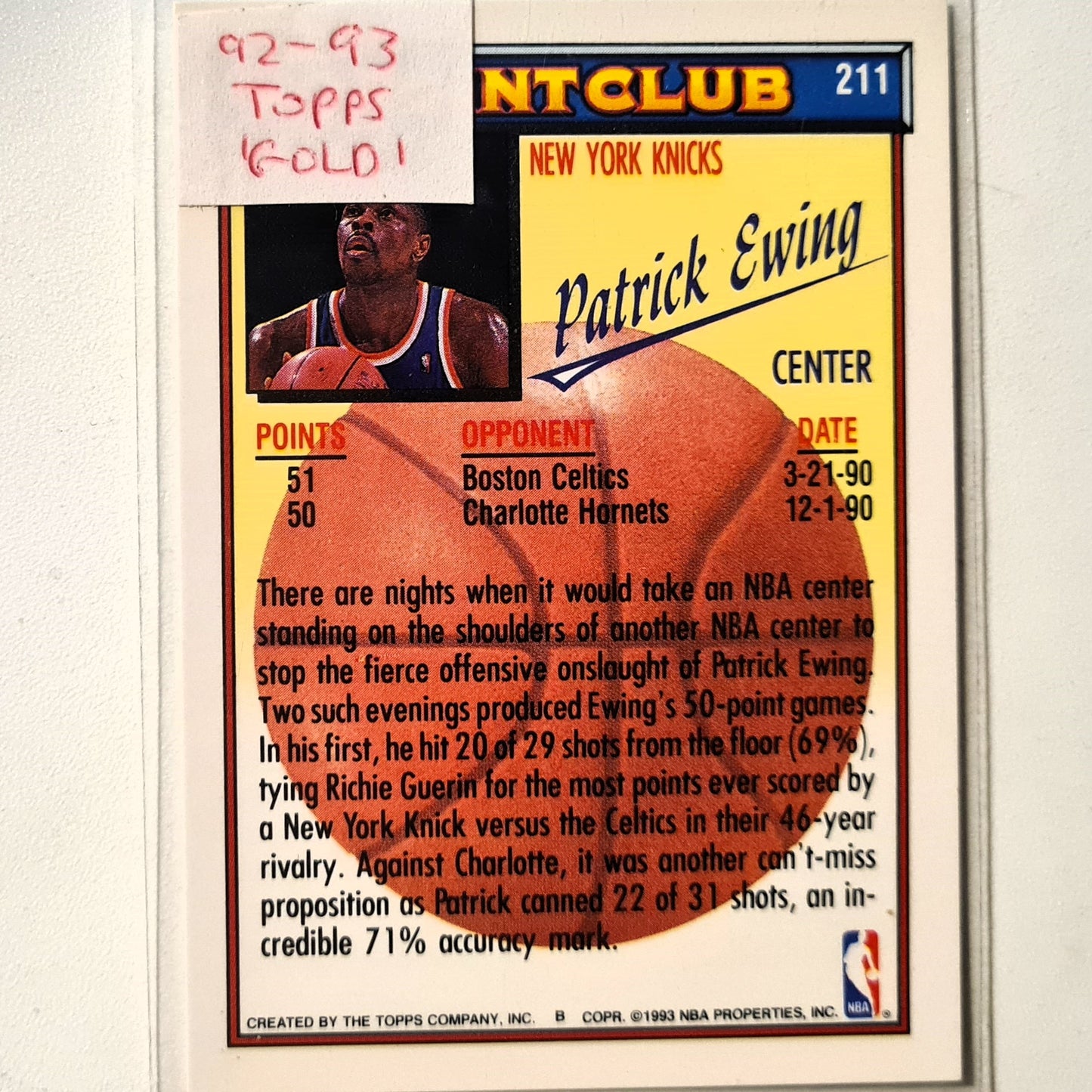 Patrick Ewing 1993 Topps 50 Point Club Gold Variant #211 NBA Basketball New York Knicks Excellent Sleeved