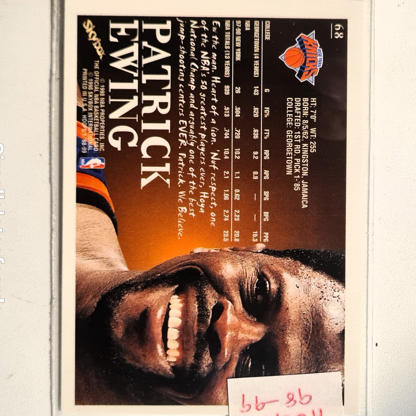 Patrick Ewing 1998 Skybox NBA Hoops #68 NBA Basketball New York Knicks Excellent Sleeved