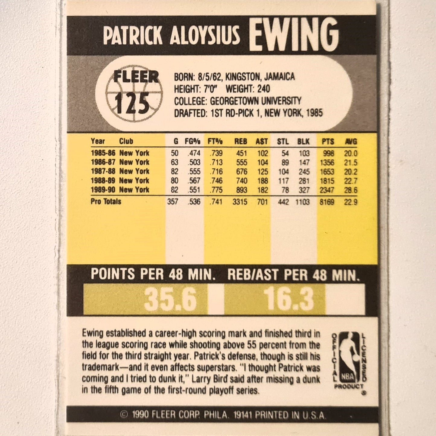 Patrick Ewing 1990 Fleer 90 125 NBA Basketball New York Knicks Excellent Sleeved