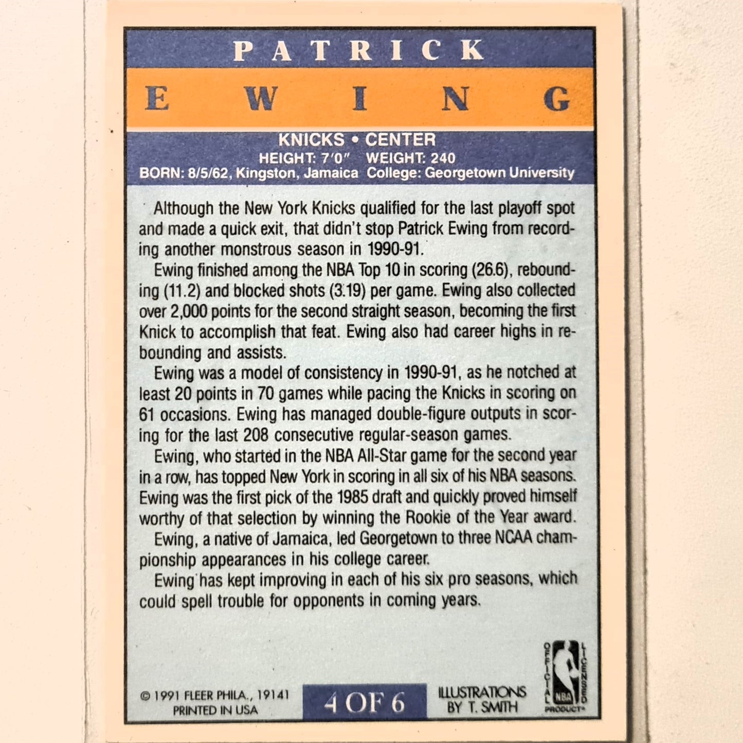 Patrick Ewing 1991 Fleer 91 T.Smith illustration artwork 4 of 6 NBA Basketball New York Knicks Excellent Sleeved