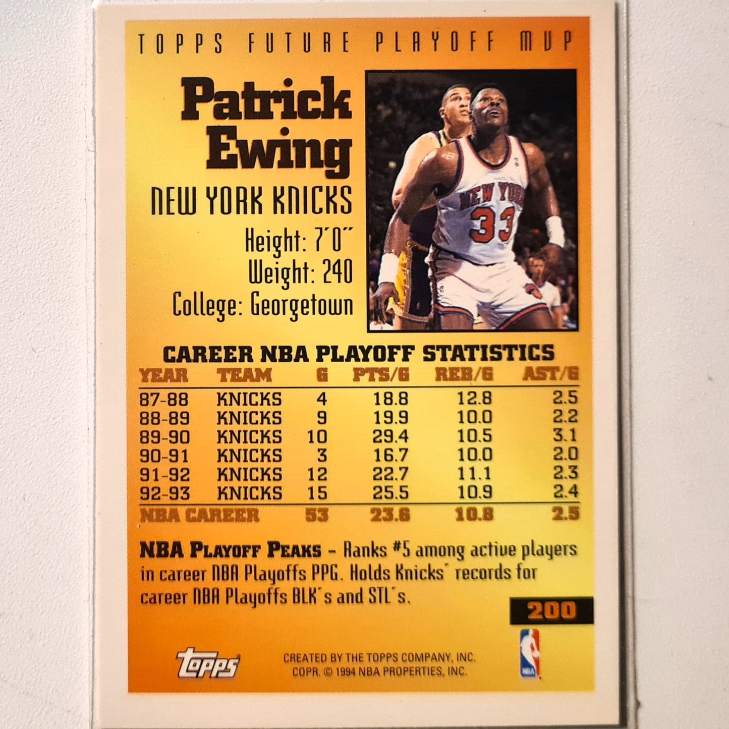Patrick Ewing 1994 Topps Future playoff MVP #200 NBA Basketball New York Knicks Excellent Sleeved