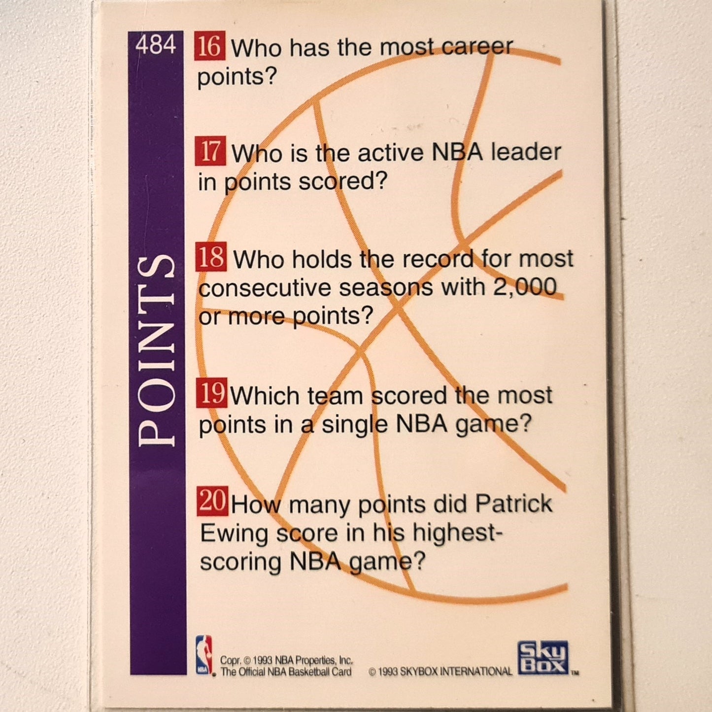 Patrick Ewing 1993 Skybox NBA Hoops Trivia #484 NBA Basketball New York Knicks Excellent Sleeved