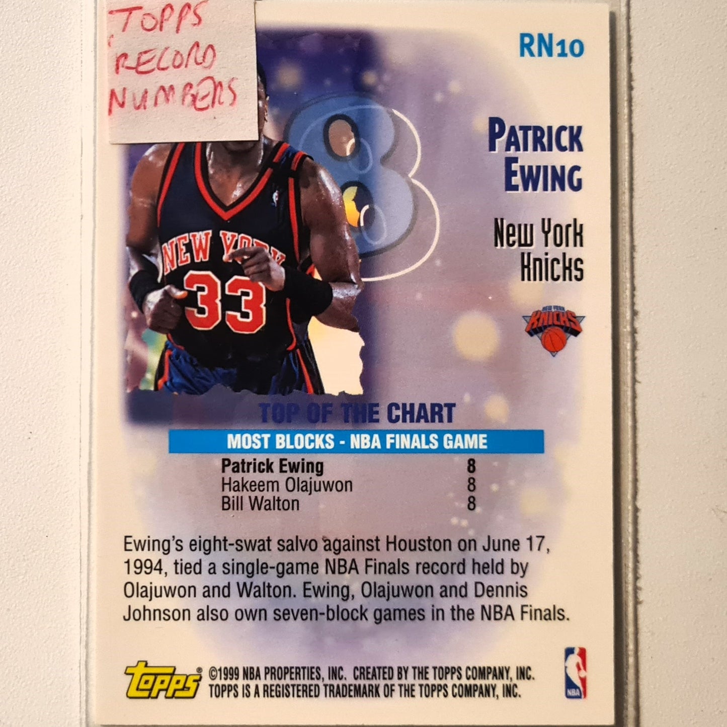 Patrick Ewing 1999 Topps Record Numbers insert RN10 NBA Basketball New York Knicks Excellent Sleeved