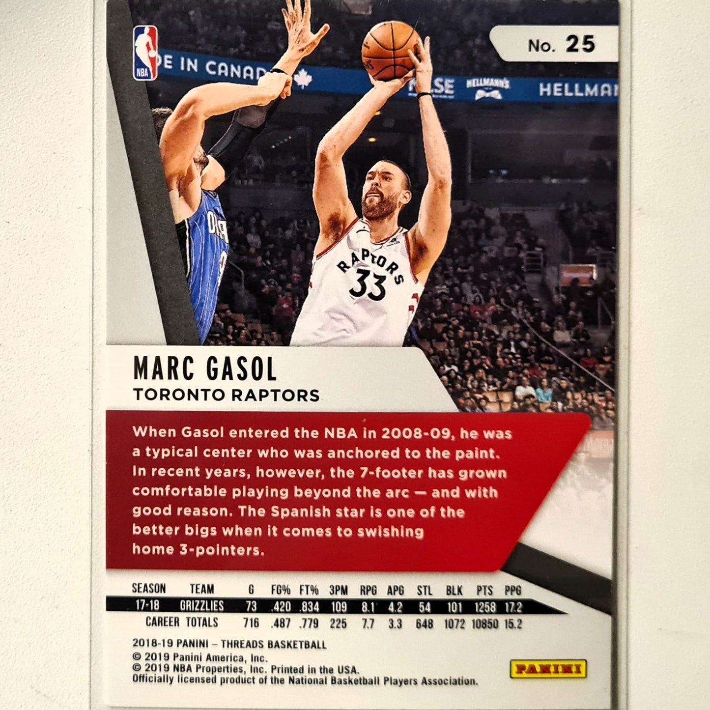 Marc Gasol 2018-19 Panini threads #25 NBA Basketball Toronto raptors Excellent Sleeved