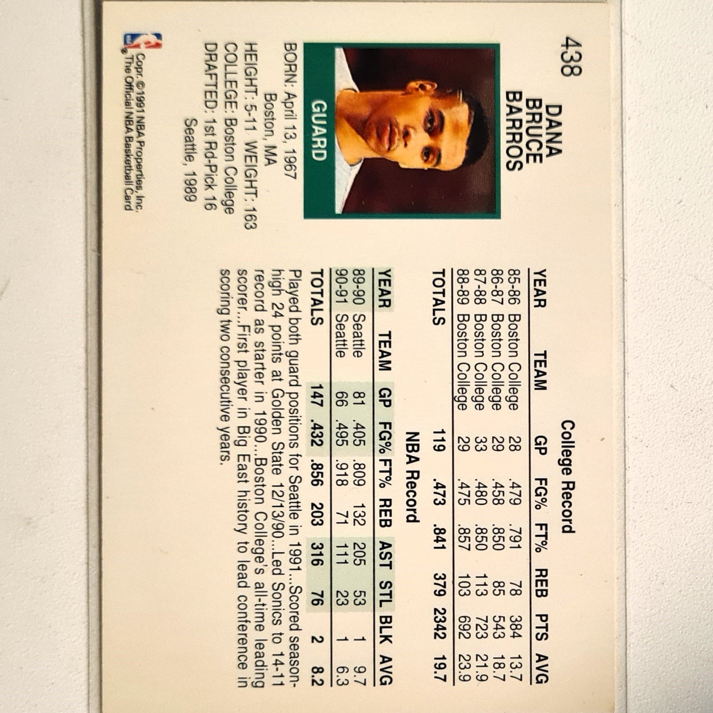 Dana Barros 1991 NBA Hoops #438 NBA Basketball Seattle Super Sonics Excellent/mint Sleeved