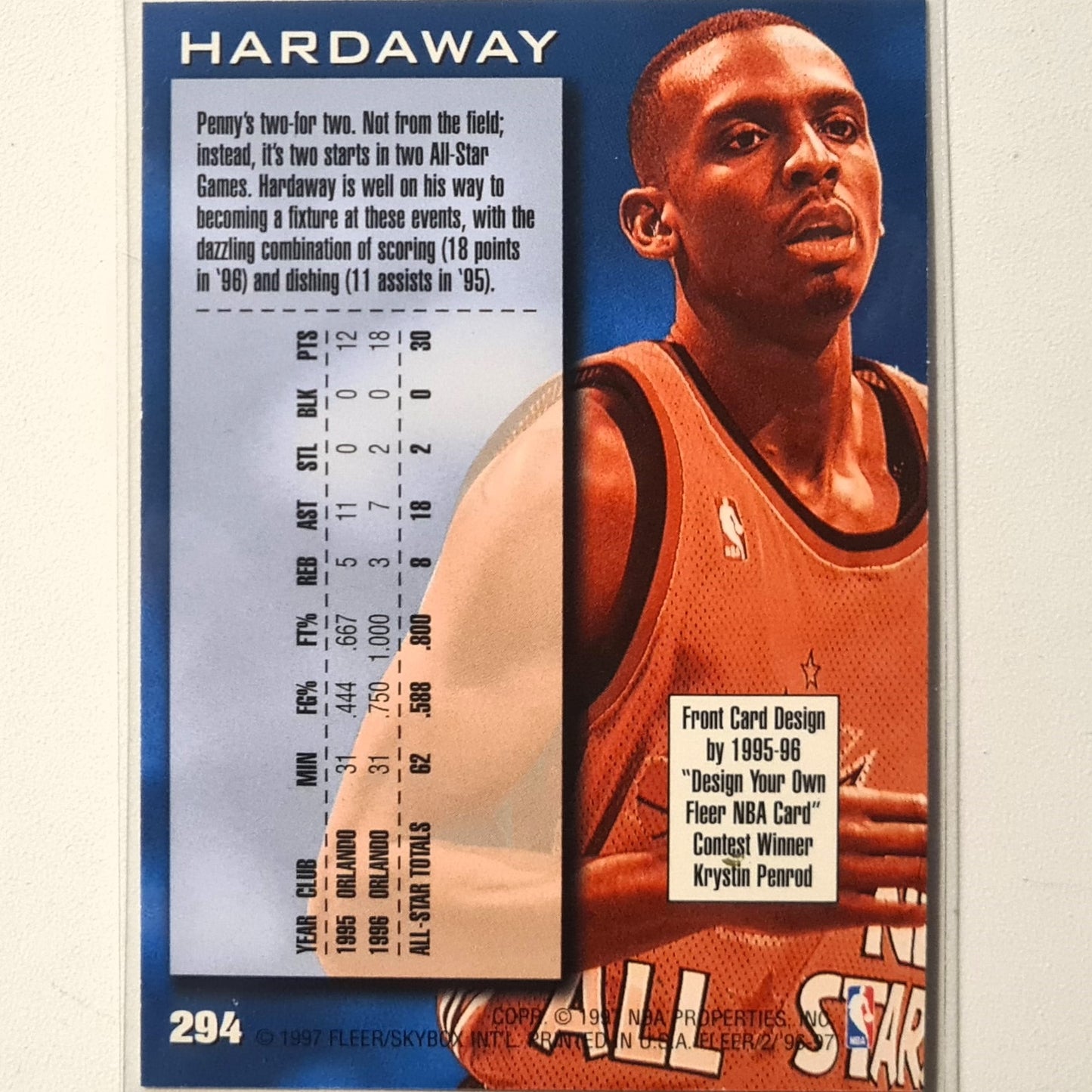 Anfernee Hardaway 1997  Fleer 96-97 Fleer all star 2 retro #294 NBA Basketball Orlando Magic Excellent Sleeved