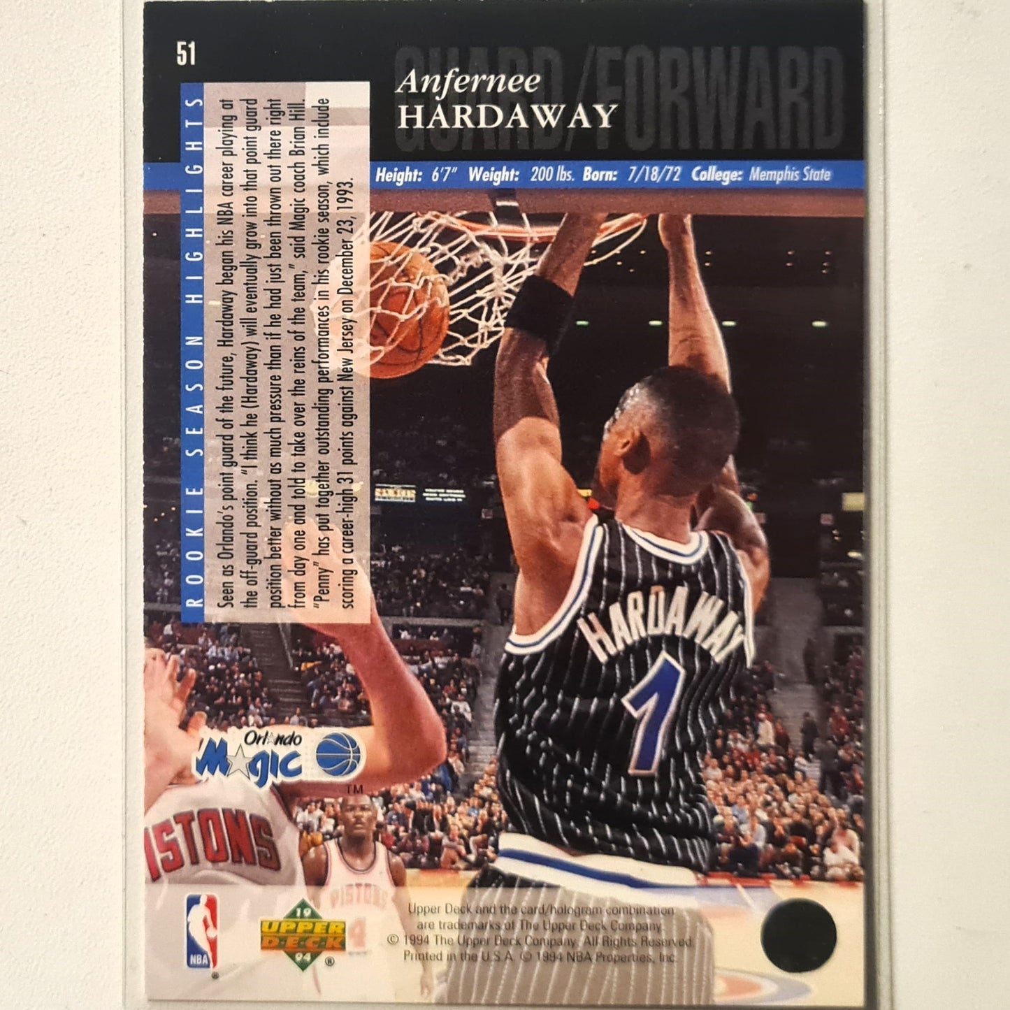 Anfernee Hardaway 1994 Upper-Deck #51 NBA Basketball Orlando Magic very good Sleeved