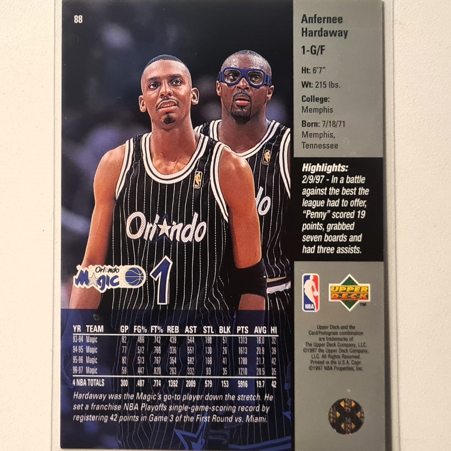 Anfernee Hardaway 1997 Upper-Deck Game Date "Penny" #88 NBA Basketball Orlando Magic Excellent Sleeved