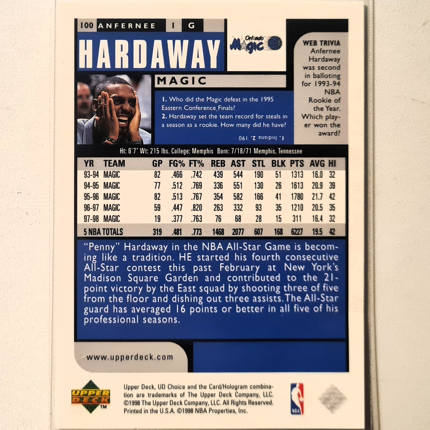 Anfernee Hardaway 1998 Upper-Deck collectors choice preview #100 NBA Basketball Orlando Magic Excellent Sleeved