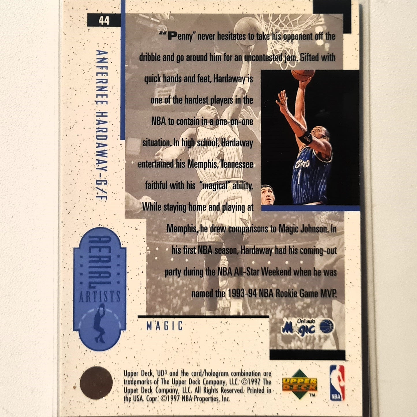 Anfernee Hardaway 1997 Upper-Deck UD3 Ariel artists #44 NBA Basketball Orlando Magic Excellent Sleeved