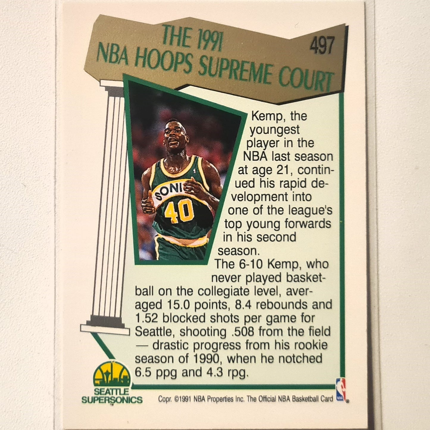 Shawn Kemp 1991 NBA Hoops Supreme Court #497 NBA Basketball Seattle Super Sonics very good Sleeved