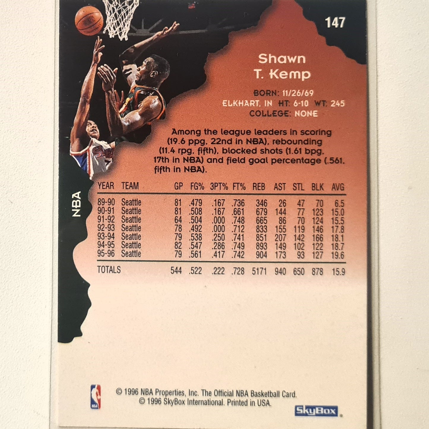 Shawn Kemp 1996 Skybox NBA Hoops #147 NBA Basketball Seattle Super Sonics Excellent Sleeved