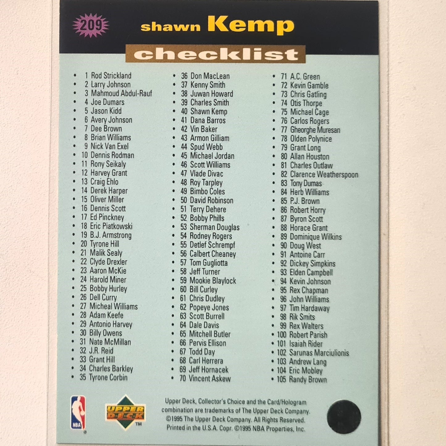 Shawn Kemp 1995 Upper-Deck  checklist players club variant #209 NBA Basketball Seattle Super Sonics Excellent Sleeved