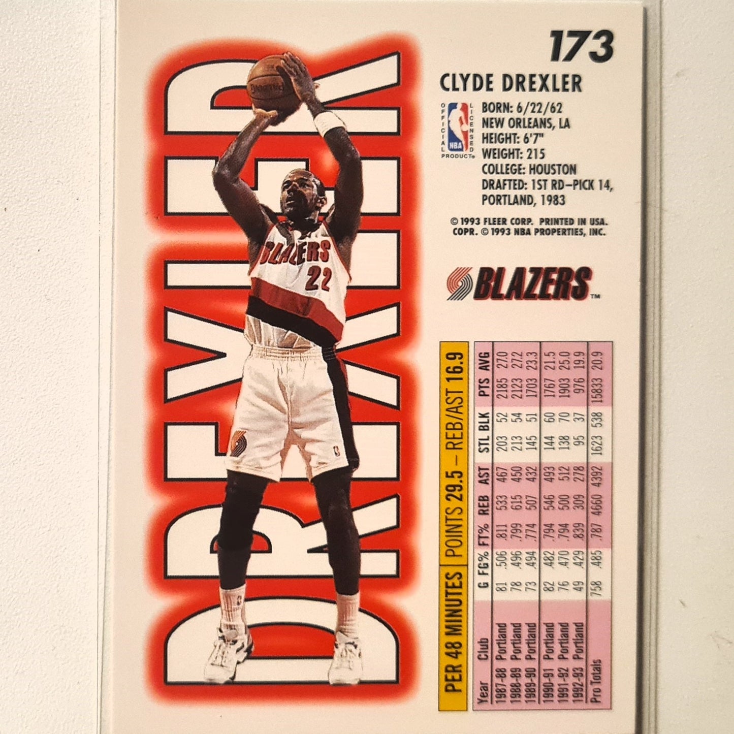 Clyde Drexler 1993 Fleer 93-94 #173. NBA Basketball Portland Trail Blazers excellent Sleeved