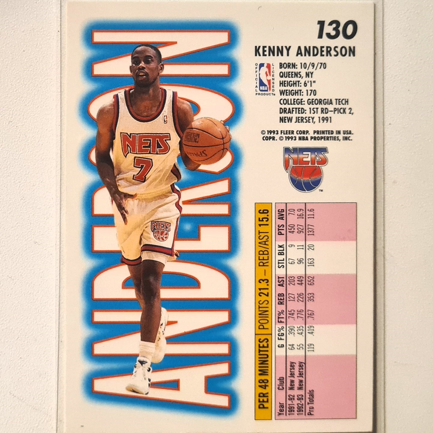 Kenny Anderson 1993 Fleer 93-94 #130 NBA Basketball New Jersey Nets excellent Sleeved