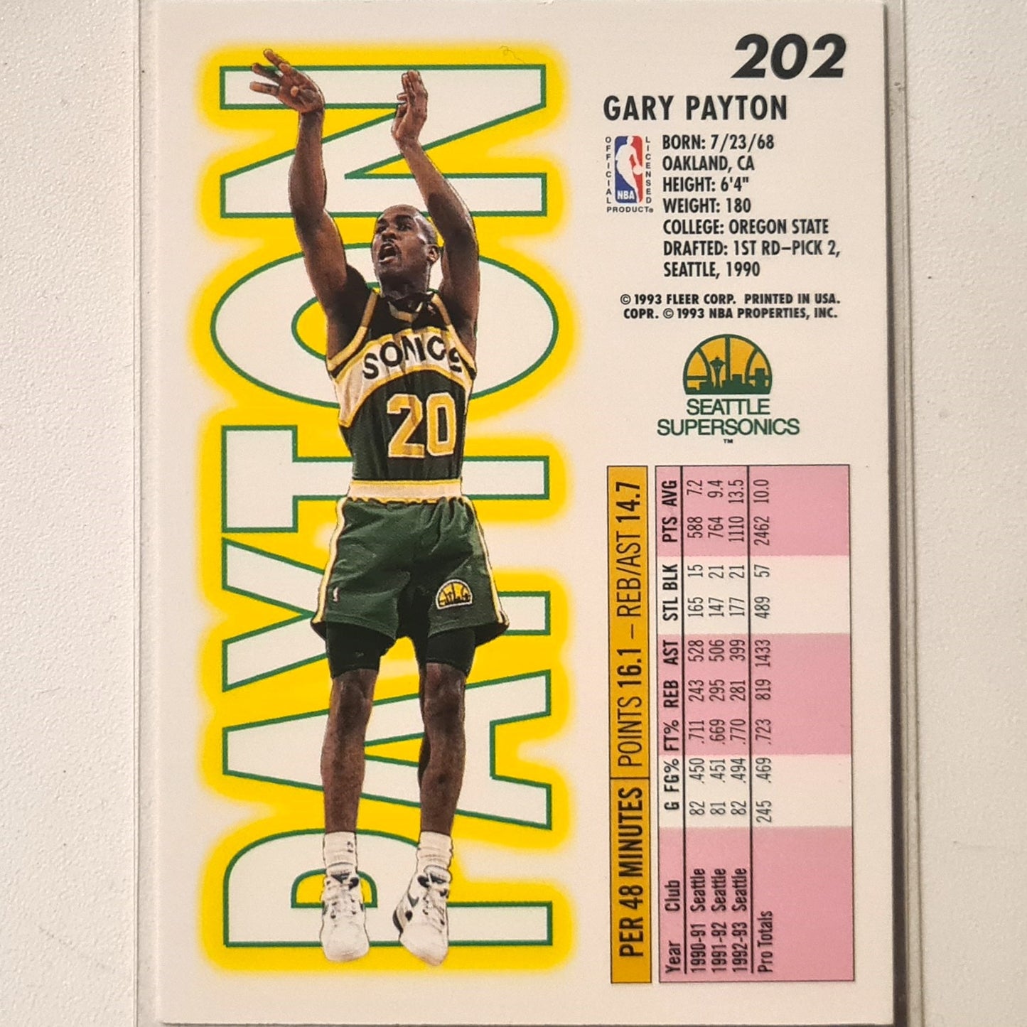 Gary Payton 1993 Fleer 93-94 #202 NBA Basketball Seattle Super Sonics excellent Sleeved