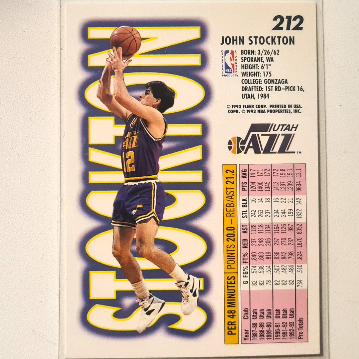 John Stockton 1993 Fleer 93-94 #212 NBA Basketball Utah Jazz excellent Sleeved