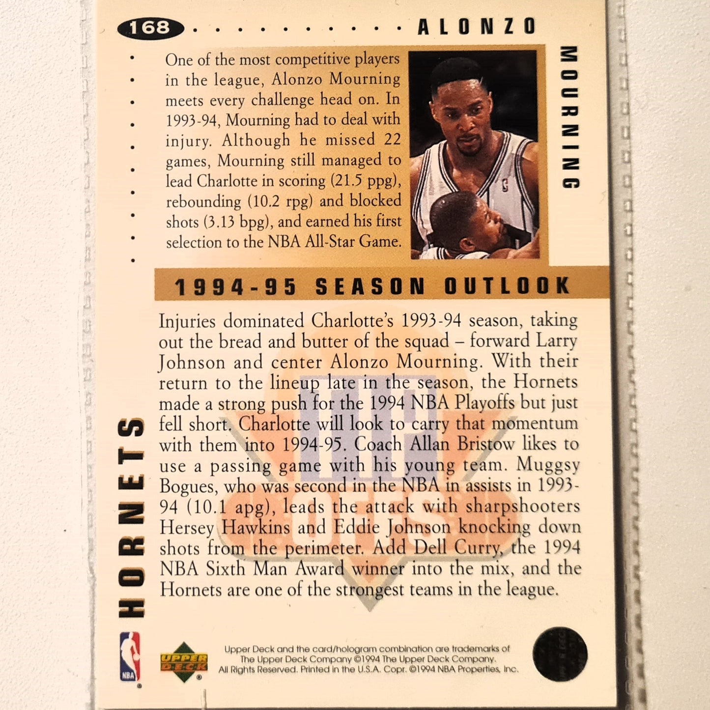 Alonzo Mourning 1994 Upper-Deck Tip offs #168 NBA Basketball Charlotte Hornets Excellent Sleeved