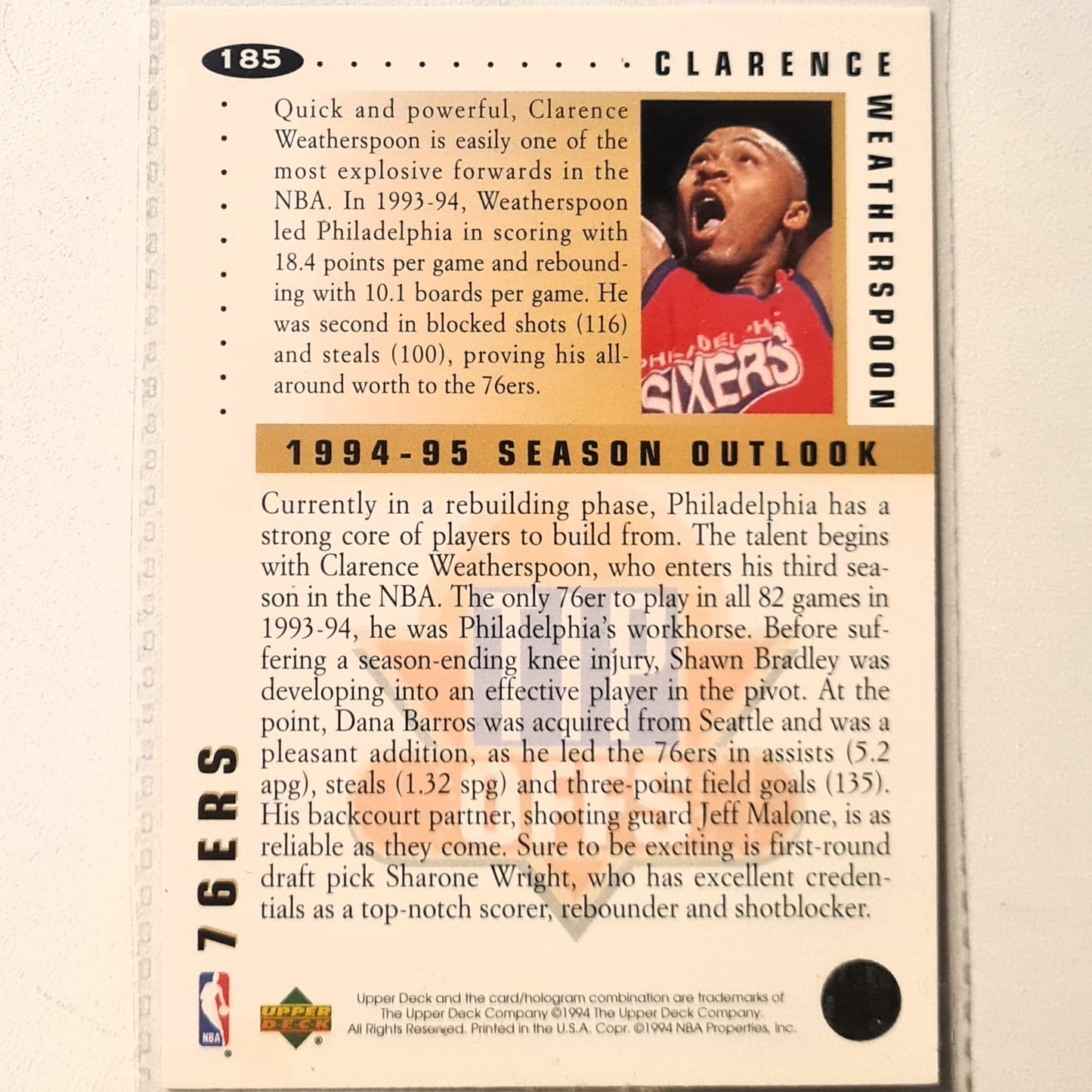 Clarence Weatherspoon 1994 Upper-Deck Tip offs #185 NBA Basketball Philadelphia 76ers Excellent Sleeved