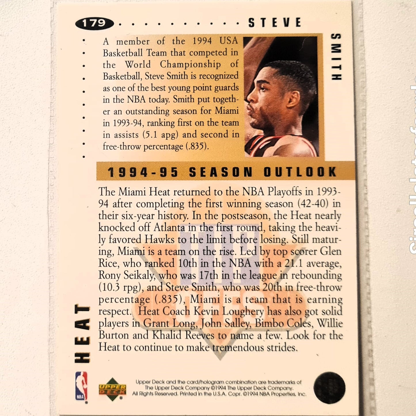 Steve Smith 1994 Upper-Deck Tip offs #179 NBA Basketball Miami Heat Excellent Sleeved