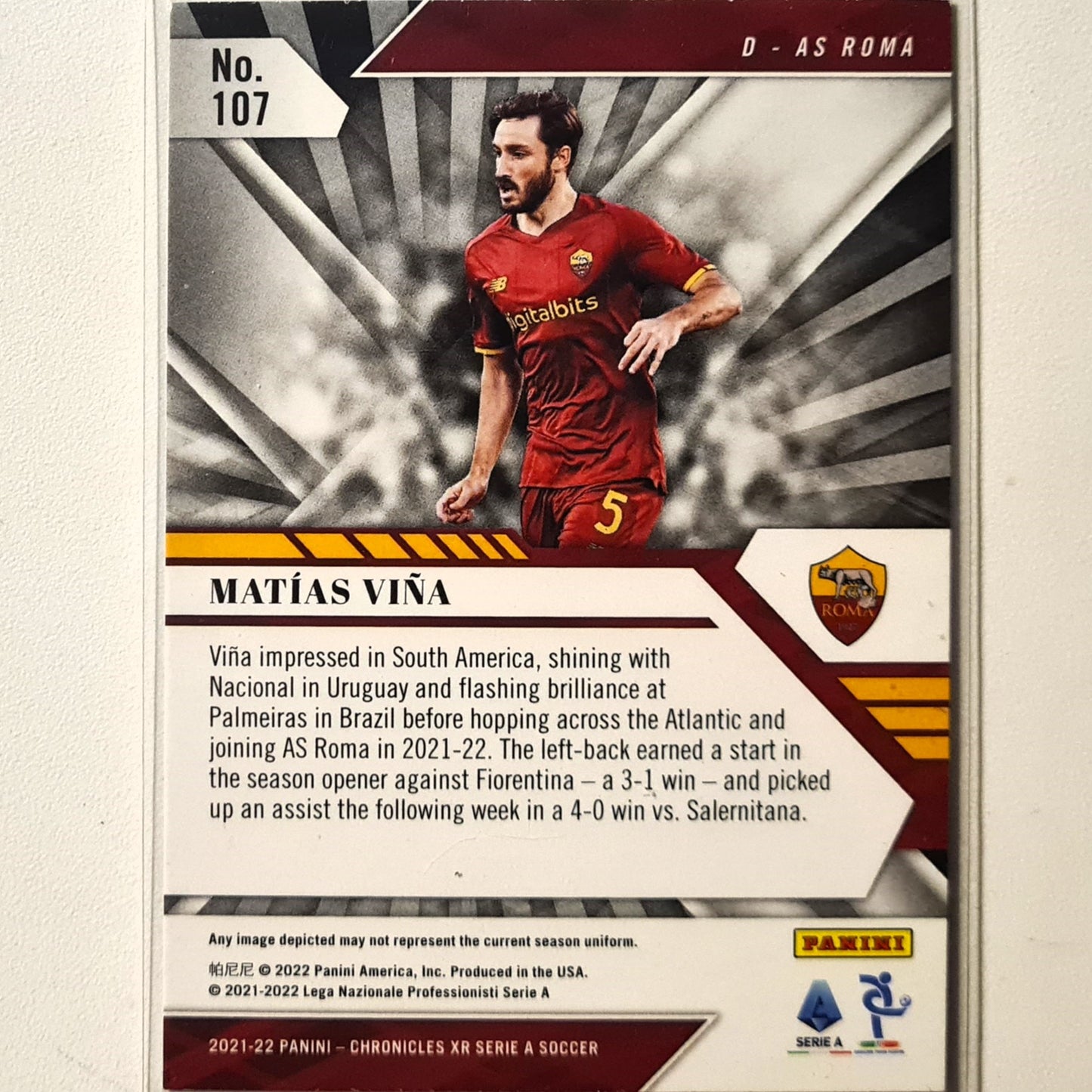 Matias Vina 2021-22 Panini Chronicles XR Serie A Rookie RC #107 soccer football AS Roma Very good Sleeved