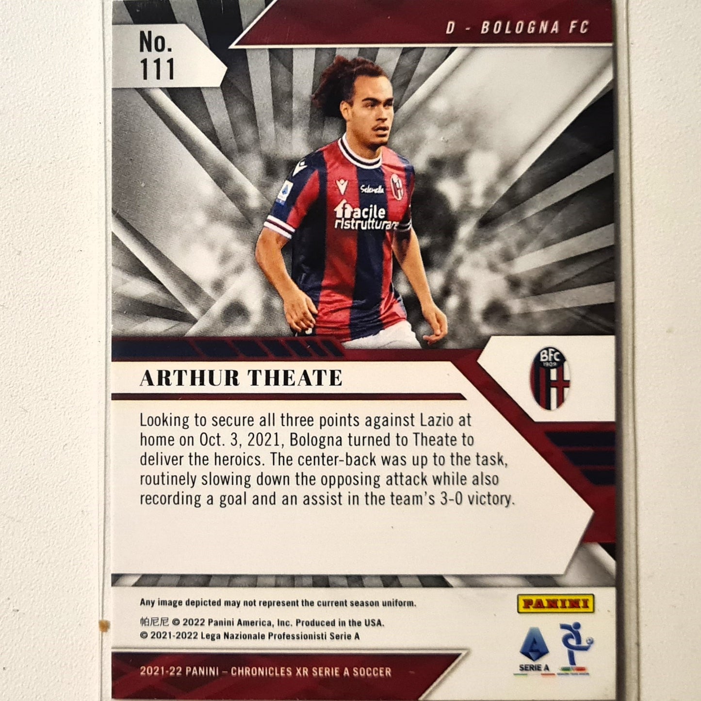 Arthur Theate 2021-22 Panini Chronicles XR Serie A  Rookie RC #111 soccer football bologna Very good Sleeved