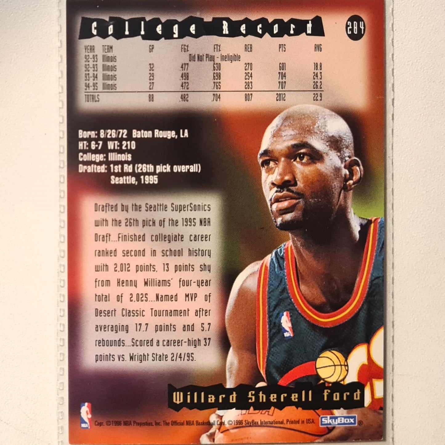 willard Sherell Ford 1996 Skybox NBA Hoops Rookie RC #284 NBA Basketball Seattle Super Sonics Very good Sleeved