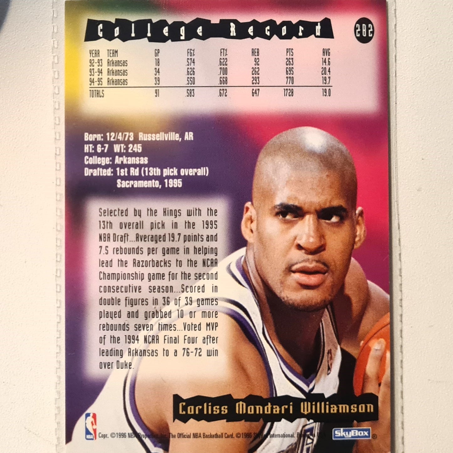 Corliss Williamson 1996 Skybox NBA Hoops Rookie RC #282 NBA Basketball Sacramento Kings Very good Sleeved