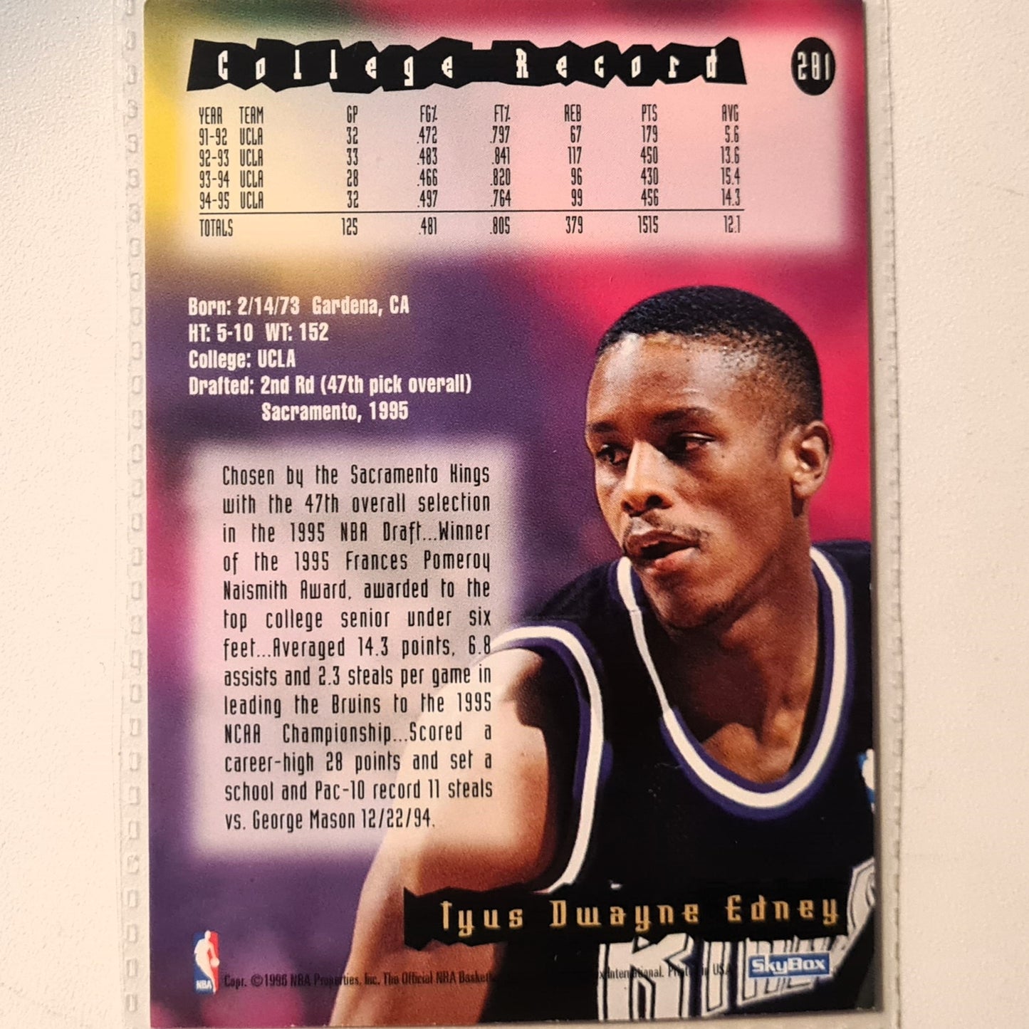 Tyrus Edney 1996 Skybox NBA Hoops Rookie RC #281 NBA Basketball Sacramento Kings Very good Sleeved