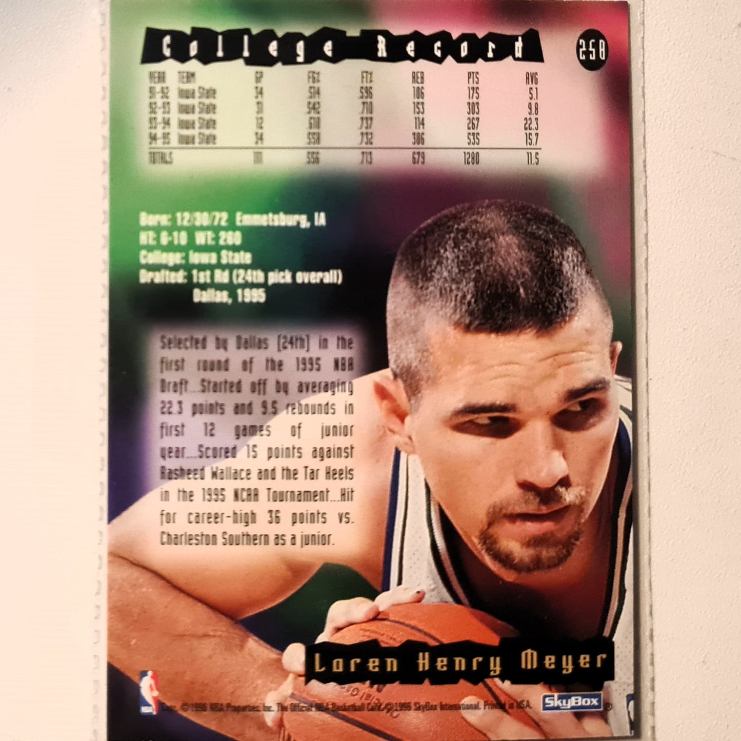 Loren Meyer 1996 Skybox NBA Hoops Rookie RC #258 NBA Basketball Dallas Mavericks Very good Sleeved