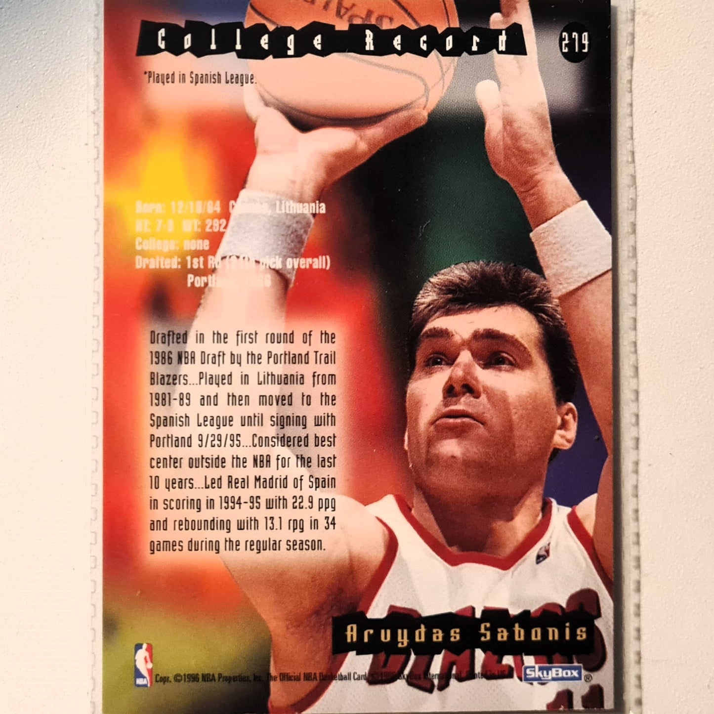 Arvydas Sabonis 1996 Skybox NBA Hoops Rookie RC #279 NBA Basketball Toronto Trail Blazers Excellent Sleeved