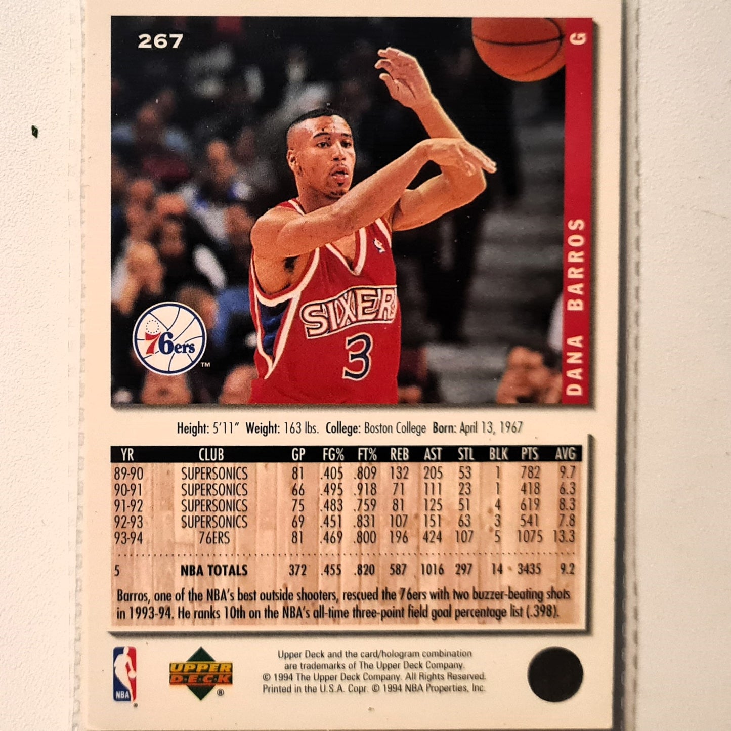 Dana Barros 1994 Upper-Deck #267 NBA Basketball Philadelphia 76ers excellent Sleeved