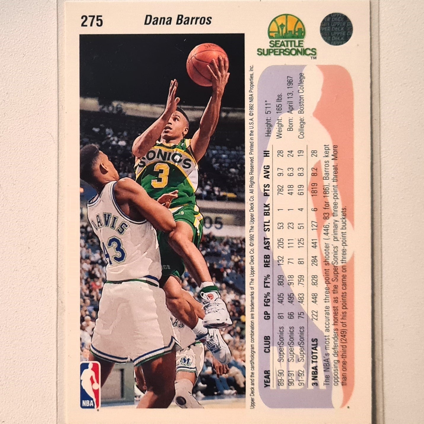 Dana Barros 1992 Upper-Deck #275 NBA Basketball Seattle Super Sonics excellent Sleeved