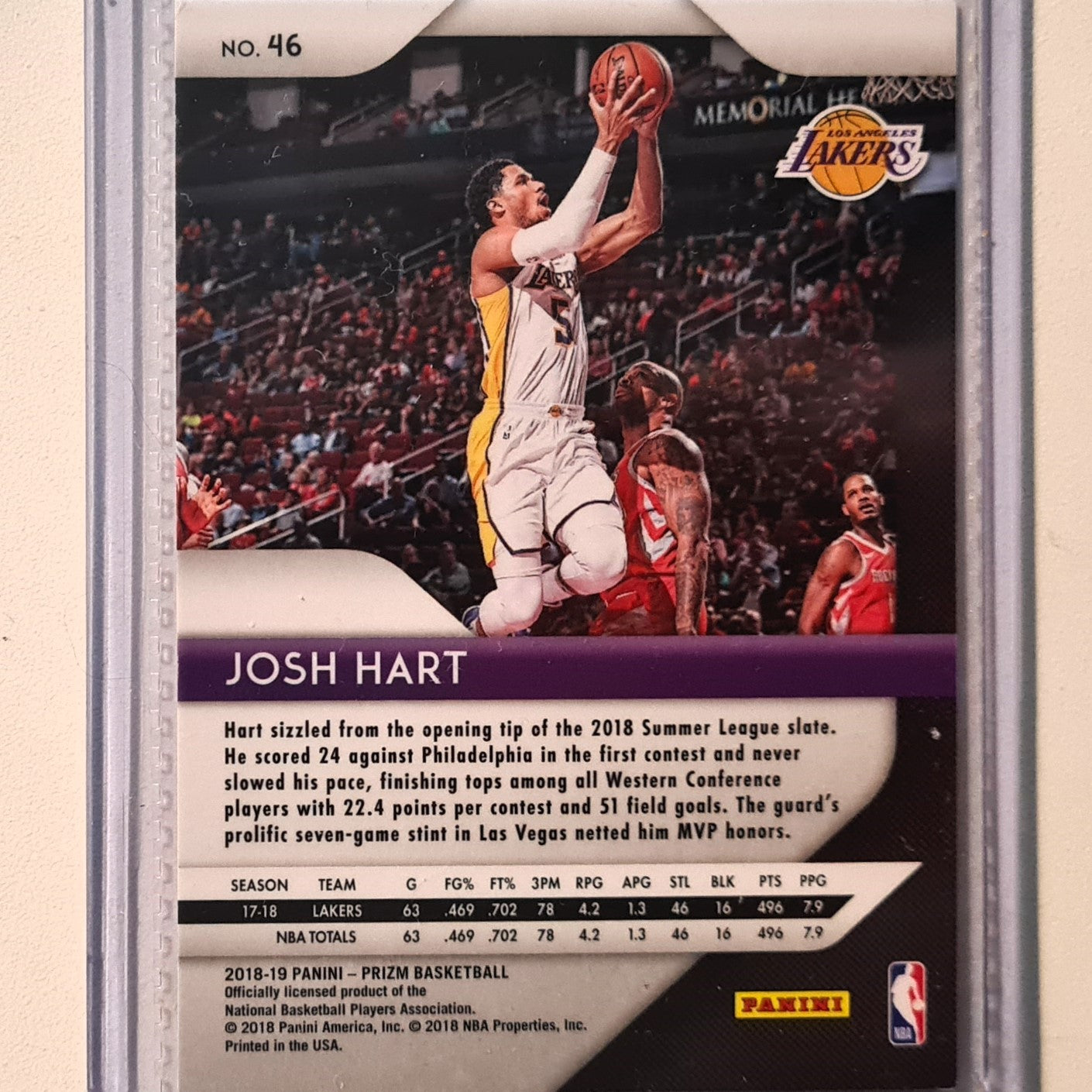 Josh Hart 2018-19 Panini Prizm rookie RC #46 NBA Basketball LA Lakers excellent/mint Sleeved