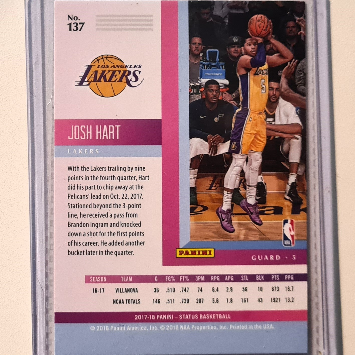 Josh Hart 2018-19 Panini Status rookie RC #137 NBA Basketball LA Lakers excellent/mint Sleeved