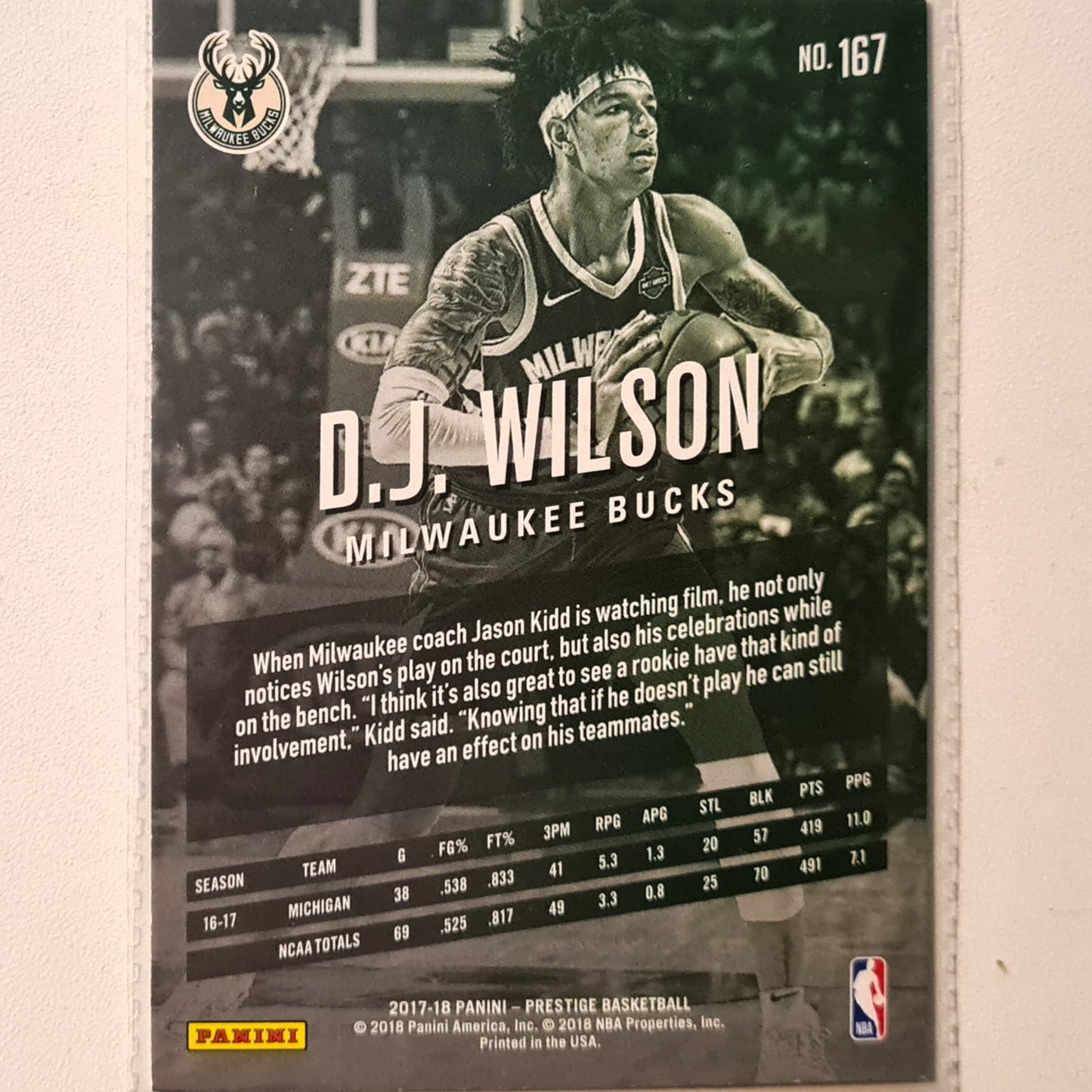 D.J. Wilson 2017-18 Panini Prestige rookie RC #167 NBA Basketball Milwaukee Bucks excellent/mint Sleeved