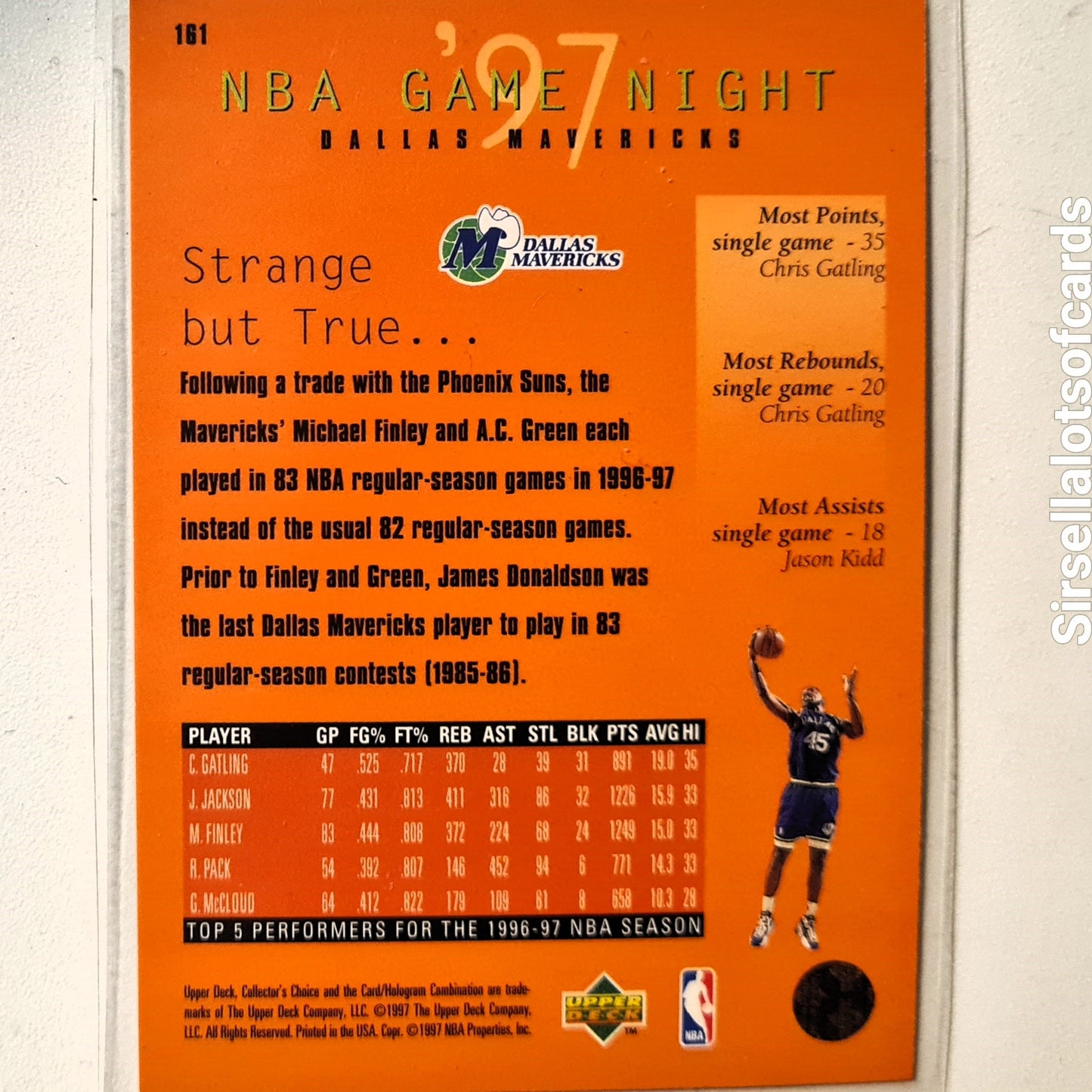 Michael Finley 1997 Upper-Deck Game Night #161 NBA Basketball Dallas mavericks excellent Sleeved
