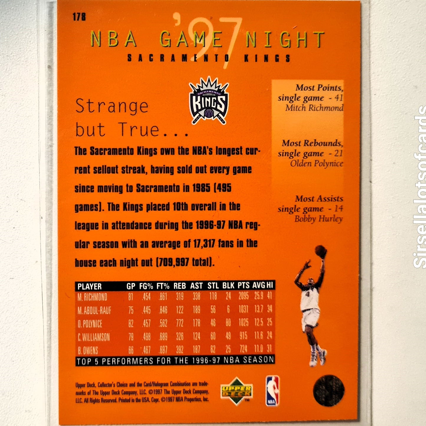 Mitch Richmond 1997 Upper-Deck Game Night #178 NBA Basketball Sacramento Kings excellent Sleeved