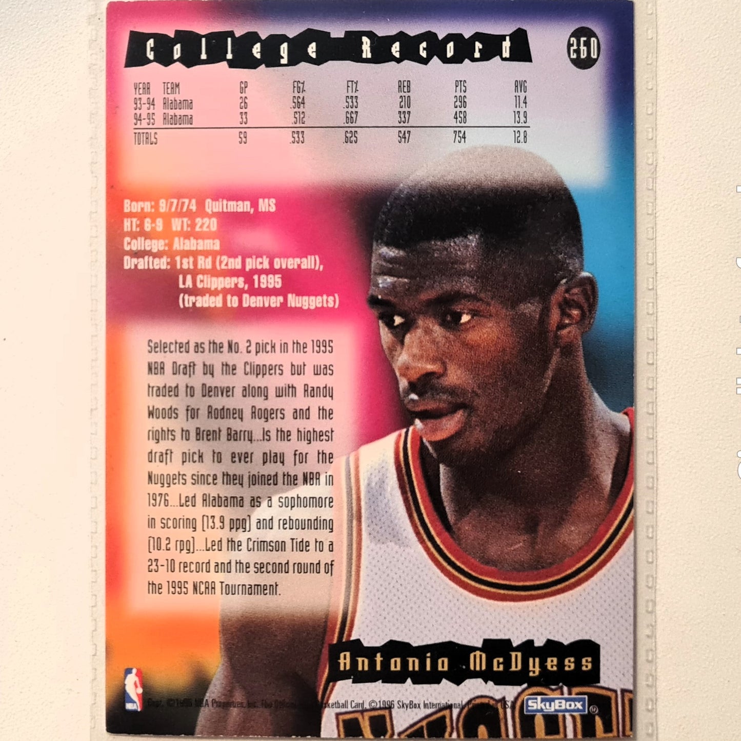 Antonio McDyess 1996 Skybox NBA Hoops Rookie RC #260 NBA Basketball Denver Nuggets Very good Sleeved