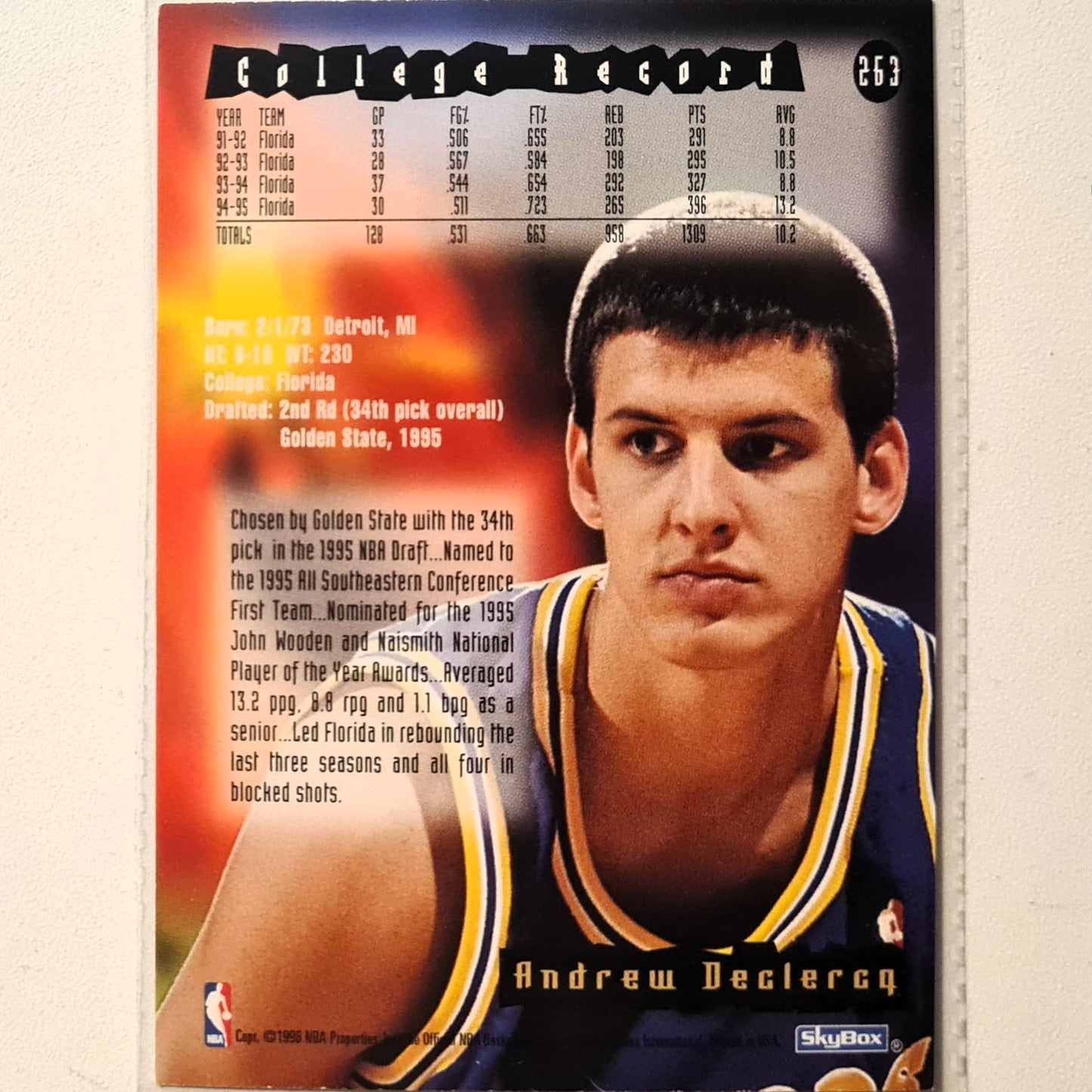 Andrew DeClercq 1996 Skybox NBA Hoops Rookie RC #263 NBA Basketball Golden State Warriors Very good Sleeved