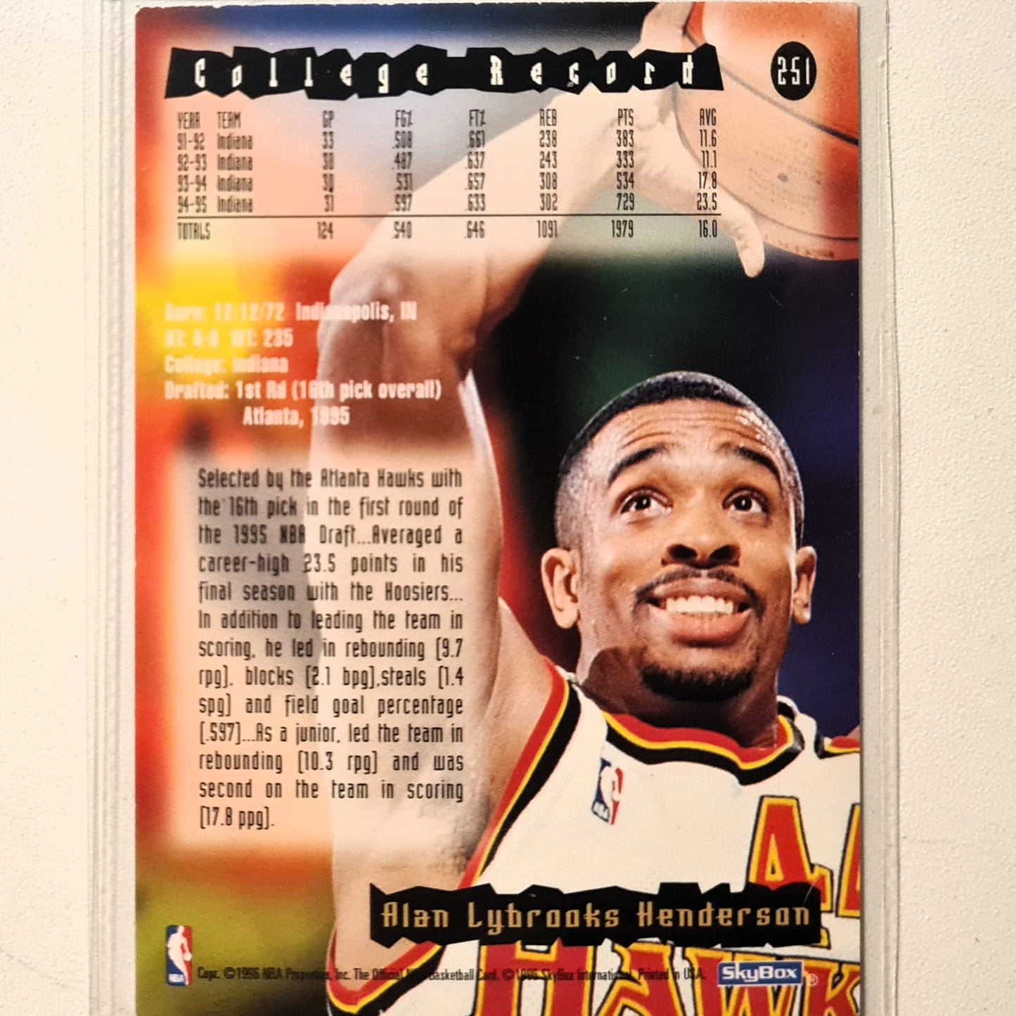 Alan Henderson 1996 Skybox NBA Hoops Rookie RC #251 NBA Basketball Atlanta Hawks Very good Sleeved