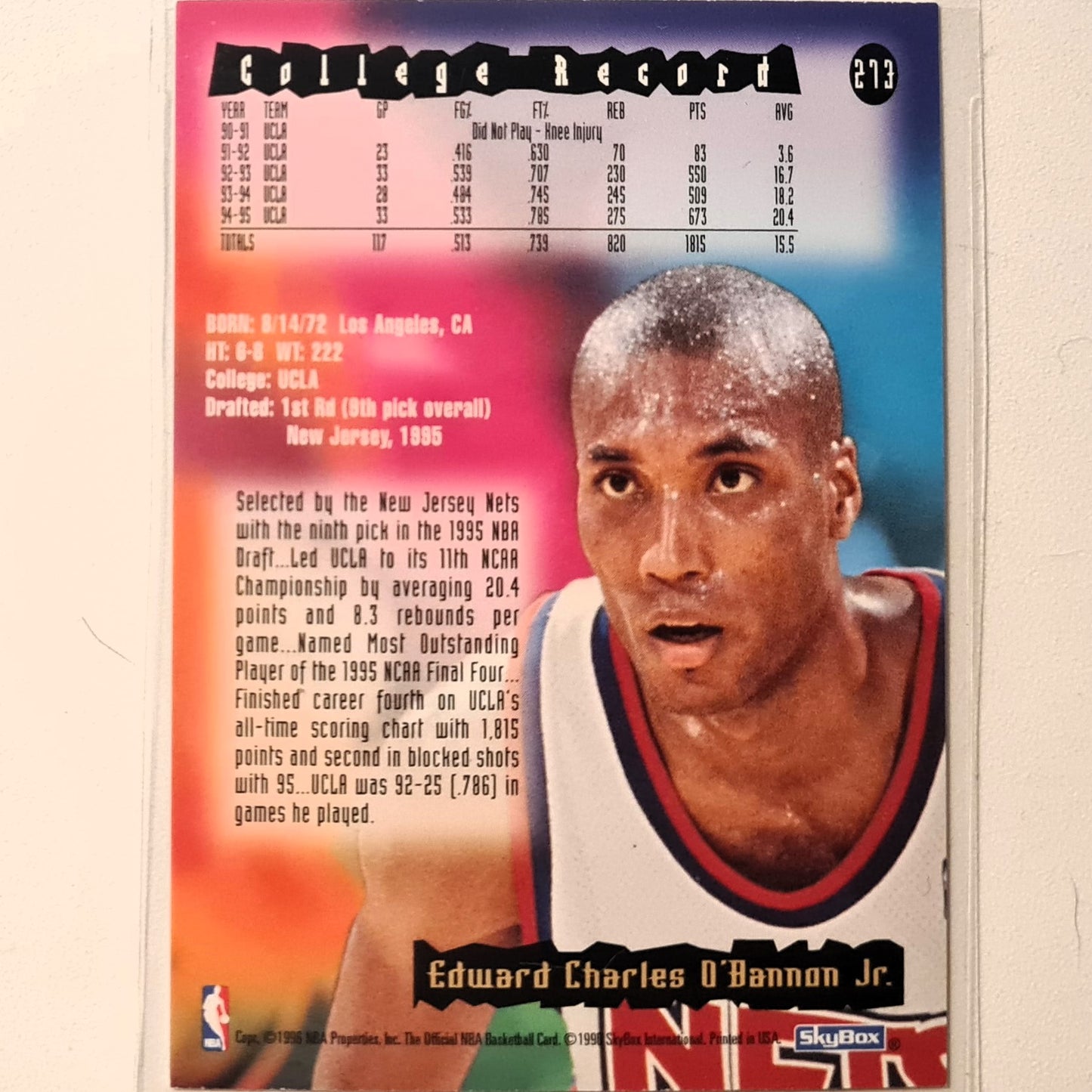 Ed O'Bannon 1996 Skybox NBA Hoops Rookie RC #273 NBA Basketball New Jersey Nets Very good Sleeved