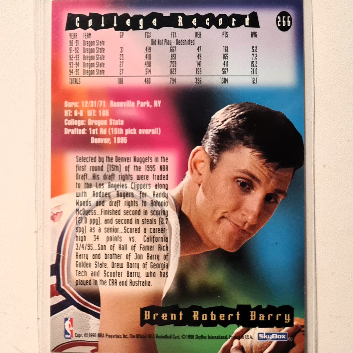 Brent Barry 1996 Skybox NBA Hoops Rookie RC #266 NBA Basketball Los Angeles Clippers Very good Sleeved