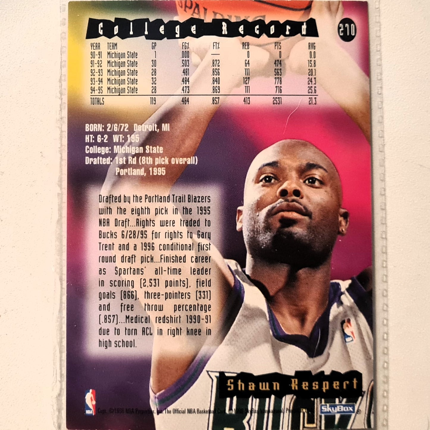 Shawn Respert 1996 Skybox NBA Hoops Rookie RC #270 NBA Basketball Milwaukee Bucks Very good Sleeved