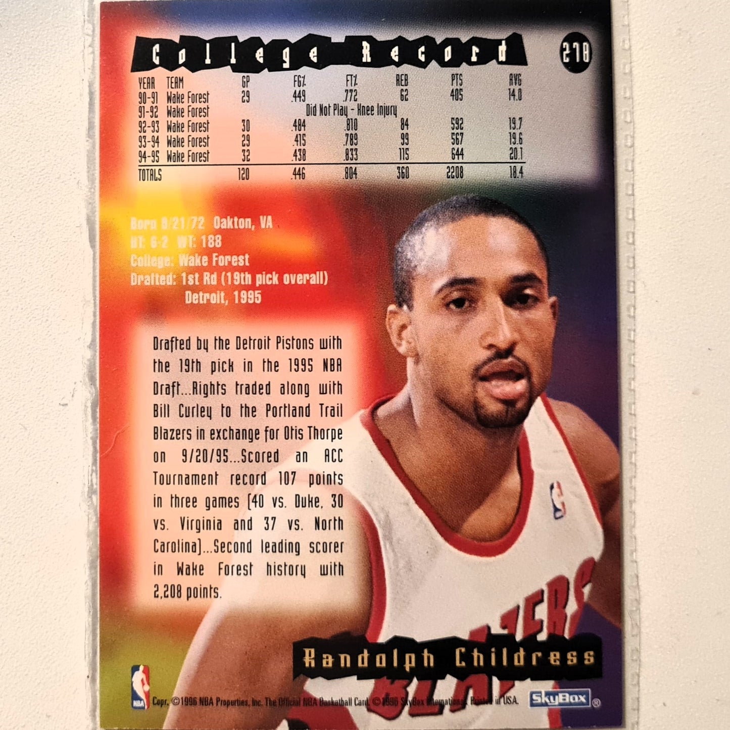Randolph Childress 1996 Skybox NBA Hoops Rookie RC #278 NBA Basketball Toronto Trail Blazers Very good Sleeved