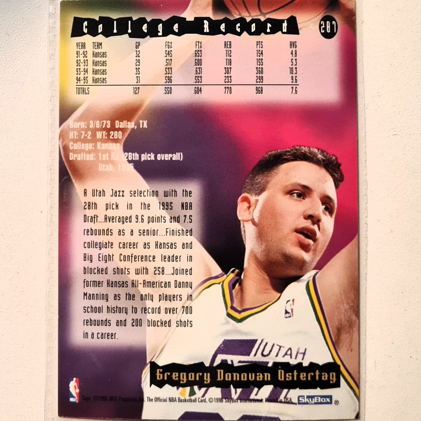 Greg Ostertag 1996 Skybox NBA Hoops Rookie RC #287 NBA Basketball Utah Jazz Very good Sleeved